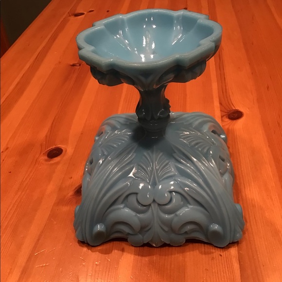 ANTIQUE FRENCH PORTIEUX VALLERYSTHAL BLUE OPALINE GLASS FOOTED COMPOTE GLOWY! - Picture 8 of 16